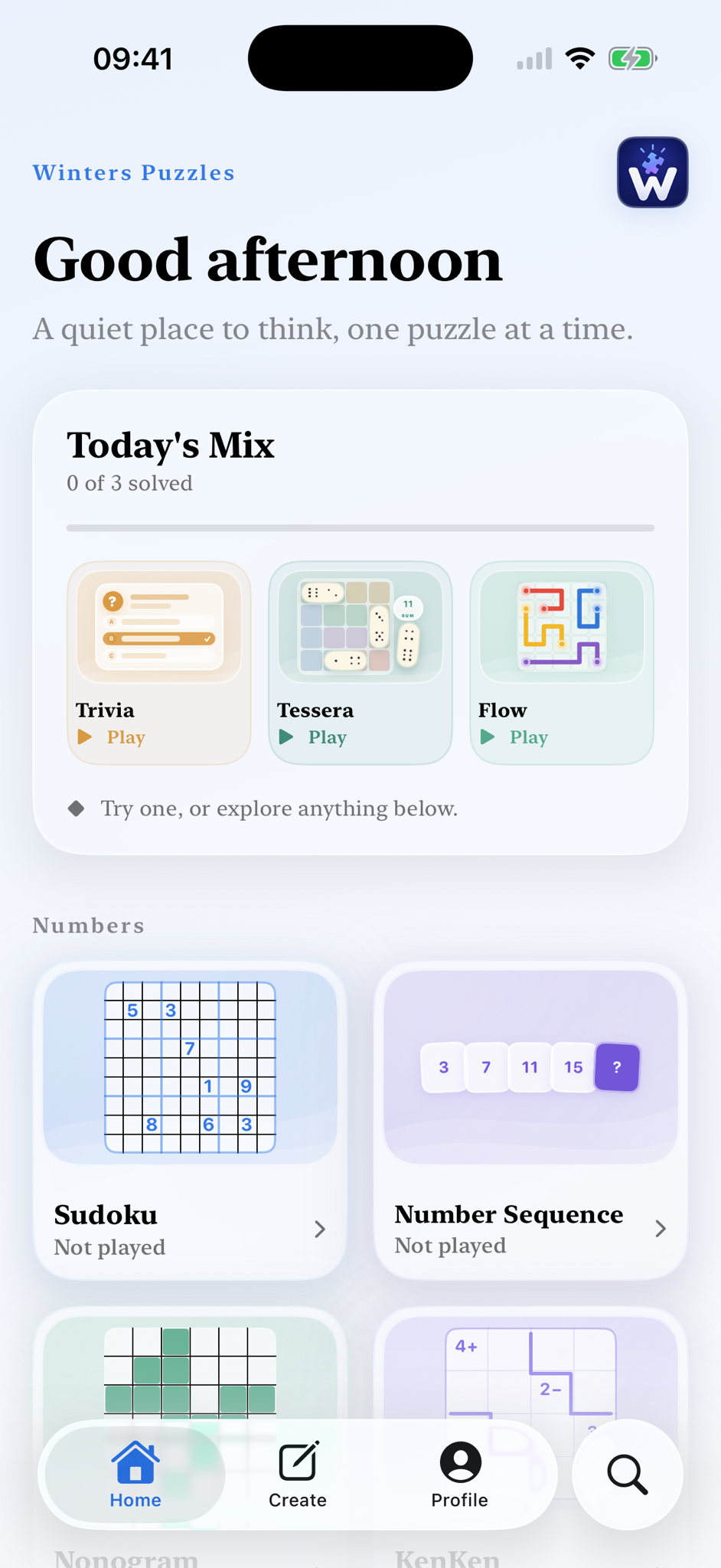 The Winters Puzzles home screen showing Today’s Mix and the puzzle library