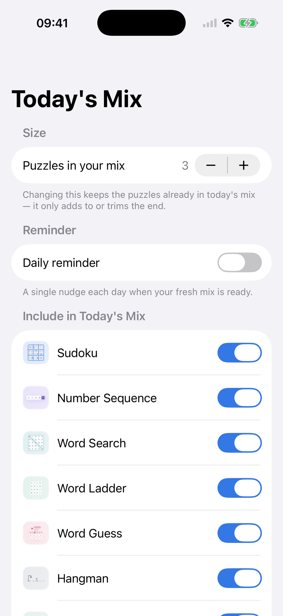 Today's Mix settings showing its size, reminders and included puzzle types